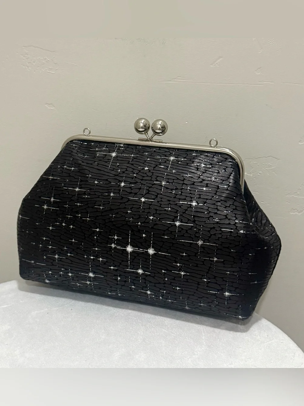 Silver Stars Embossed Cowhide Handmade Kisslock Frame, Extra Large Multi Use Bag